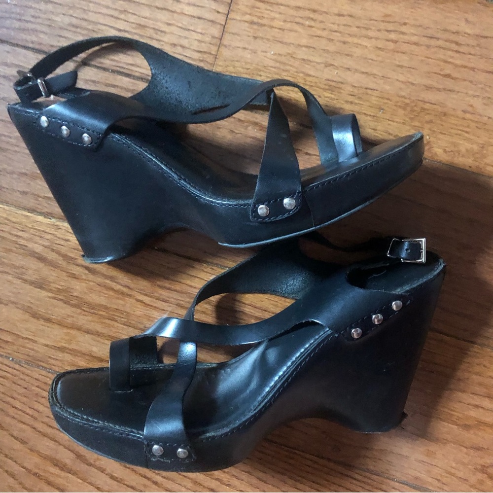 ❤️David Aaron Black Leather Platform Wedge Sandals 7.5 B